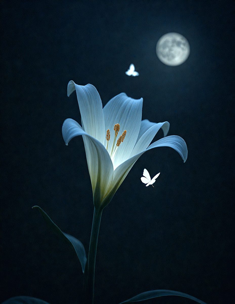 The primary subject of the image is a white flower, which is the main focus of the scene. The setting is a dark, nighttime environment, with a moon visible in the background. The visual style of the image is a combination of photo and digital art, creating a unique and artistic representation of the flower. The dominant colors in the image are white and blue, with the white flower standing out against the dark background. The overall atmosphere of the image is serene and peaceful, as the flower stands tall in the night sky.
